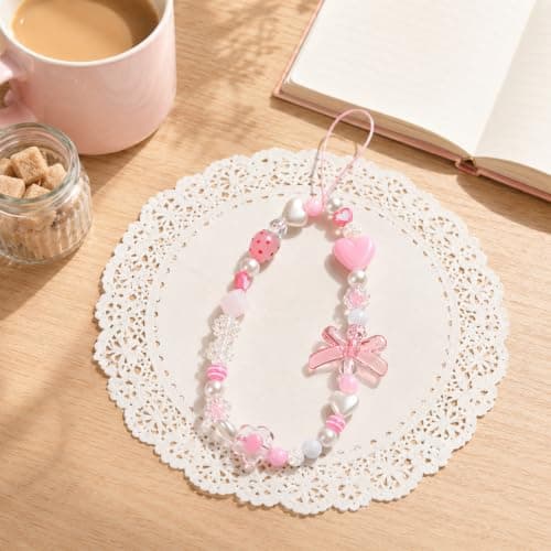 Ouligay Pink Camera Wrist Strap Beaded Phone Charm Strap Cute — view 3