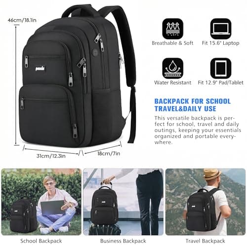 Paude Laptop Backpack,School Backpack Large Bookbag for High School College Students,Black Backpack for Men Office Business,Waterproof — view 3