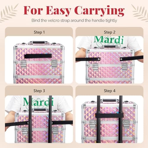 Bonnlo 4 in 1 Rolling Makeup Train Case, Aluminum Makeup Travel Organizer Cosmetic Case, Cosmetology Display Suitcase on Wheels, Beauty Storage Luggage Lockable w/4 Removable Wheels - Pink — view 5