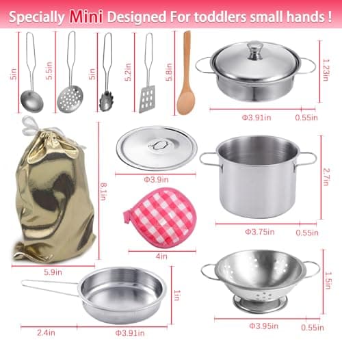 Stainless Steel Pretend Cooking Utensils Cookware Set,Mini Play Kitchen Accessories,Play Pots and Pans Toys Packed in a golden cloth bag for Kids Toddlers — view 6
