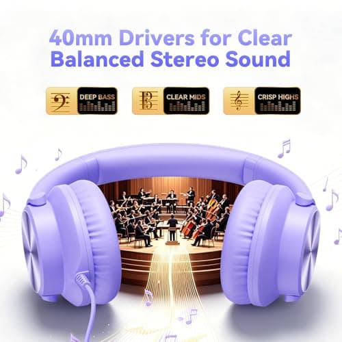 Wired Headphone with Mic, Over-Ear 3.5mm Corded Headphone for School Purple — view 2