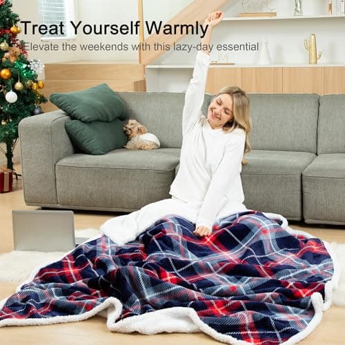 Winthome Double-Layered Sherpa Fleece Throw Blanket - Ultra Soft, Breathable & Warm Thick Blanket, Eco-Friendly Microfiber Blankets for Bed,Sofa Machine Washable Throw/Single Size Blue Check 130*170cm — view 6