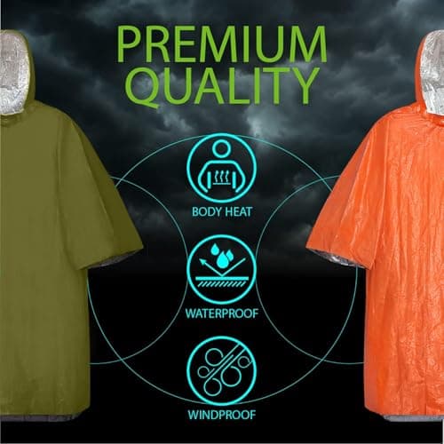 Kanuothbon Emergency Survival Poncho (4pc) Thermal Mylar Foil Coating Blanket for Heat Retention and Rain | Reversible with Hood | Waterproof, Windproof, Portable, Hands-free, Outdoor Kit — view 4