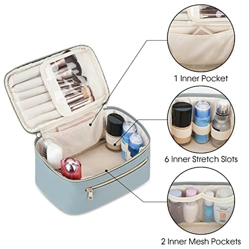 Travel Makeup Bag, Large PU Leather Cosmetic Case with Brush Compartment, Greyish Blue — view 4