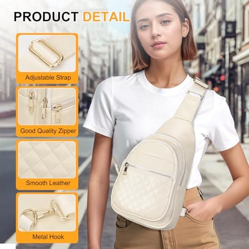 SUIKIHUM Anti Theft Crossbody Bags for Women, Travel Chest Sling Bag Casual Leather Handbags Lightweight Shoulder Bag Fanny Pack for Hiking,Sport,Gym, White — view 6