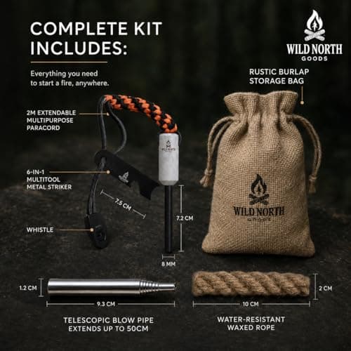 Wild North Goods Fire Starter Kit - Ferro Rod, Striker, Tinder Rope, Bellow & Bag - Survival Gear for Camping, Bushcraft, Hiking & Emergency Use (15,000+ Strikes) — view 3