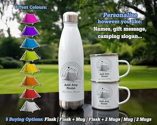 Personalised 500ml Thermal Flask and Enamel Mugs. Camping Tent Mug and Flask Set. Outdoor Adventure Gifts — view 2