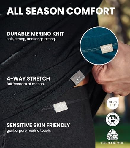 100% Merino Wool Base Layer Men Leggings Pants - Thermal Underwear + Socks (Small, Black 250) — view 5