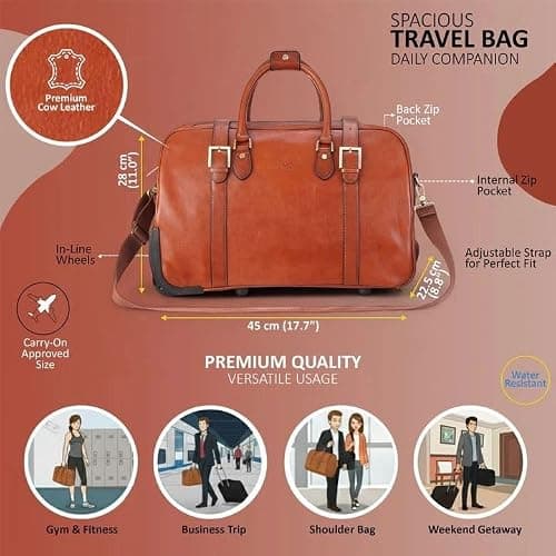 Genuine Leather Wheeled Travel Bag Large Rolling Duffle Weekender Business Carry On Suitcase - Tan 50 x 32 x 27 cm — view 3