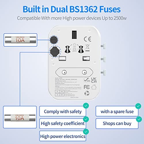 Worldwide Travel Adapter With USB-C PD 30W Fast Charging, Universal Socket, Dual 10A Fuses, Surge Protection - All-in-One International Adapter for EU UK US AU Plugs — view 6