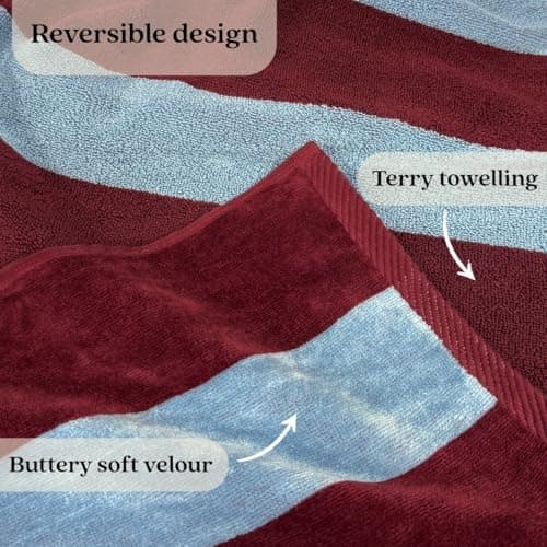 Misona Large Organic Cotton Beach Towel - GOTS-Certified, Extra-Large 90 x 180 cm, Plush Dual-Sided Velour & Terry, Striped Summer Towel for Beach, Pool & Travel (Burgundy & Sky Blue) — view 4