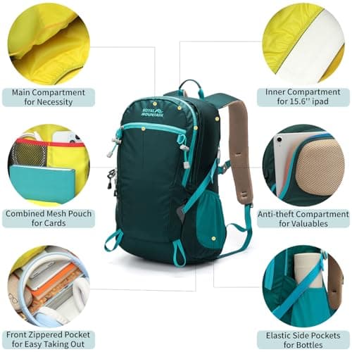 Lightweight Hiking Backpack, 30L Women/Men Waterproof Travel Rucksack Bag with Rain Cover, Outdoor Small Foldable Daypack for Student, Fit for 15.6 inch Laptop (Dark Green, 30l) — view 5