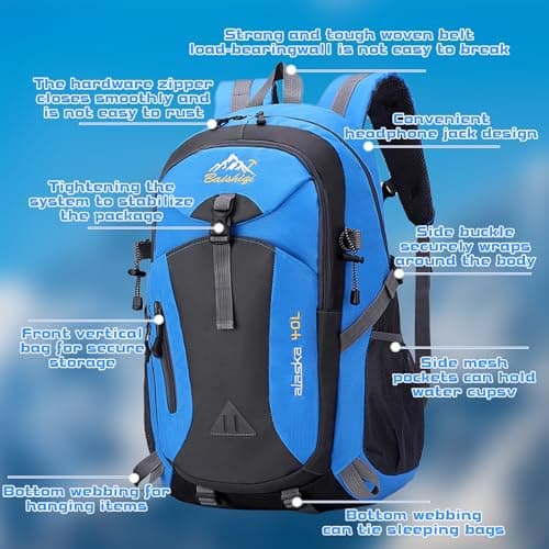 Auirshiky 40L Hiking Backpack Walking Rucksack Water Resistant Hiking Daypack Packable Travel Outdoor Sport Knapsack Durable Water Resistant for Camping Cycling Climbing Walking Mountaineer (Blue) — view 3