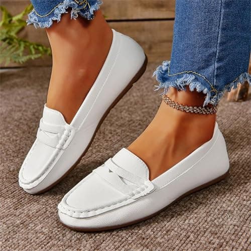 Leather Penny Loafers for Women Slip‑On Flats Pumps Moccasin (White 5 UK) — view 2