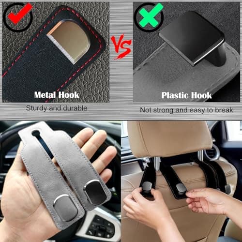 Car Hooks for Headrest 2 Pack, Car Seat Back Storage Hook, 2 in 1 Headrest Hooks for Purses and Bags, Leather Car Headrest Hanger with Metal Hooks, Double Headrest Hooks Mobile Phone Holder (Black) — view 4