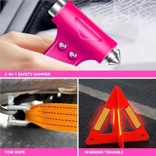 Pink Car Emergency Kit for Women & Girls, Emergency Roadside Assistance Set with Jumper Cables, First Aid Kit, Safety Hammer, Tow Rope and Stylish Pink Car Tools — view 5