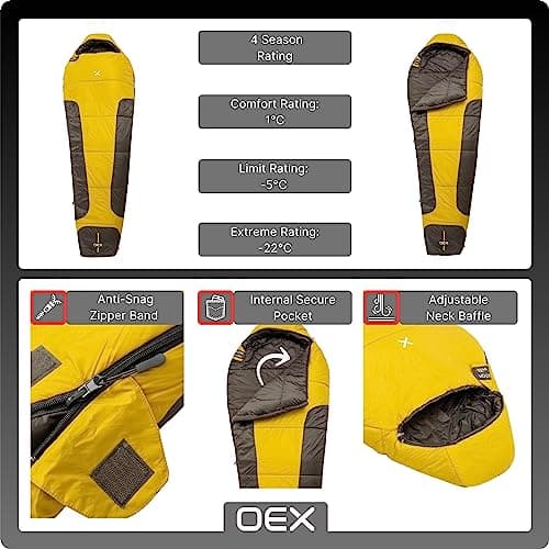 OEX Fathom EV 300 Sleeping Bag for Adults, Teens, Kids, 1 Person, 3 Season, Lightweight, Mummy, Warm, Indoor & Outdoor Use, Camping, Hiking, Backpacking, Travelling, Compression Bag, Yellow — view 4