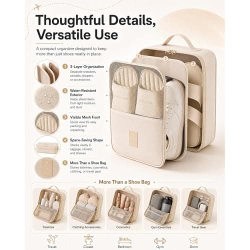 3-Layer Travel Shoe Organizer Bag,Travel Shoes Organizer with Handle，Pink — view 6