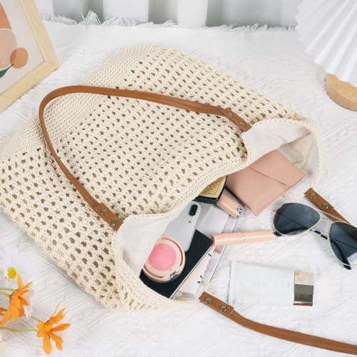 Crochet Beach Bags for Women, Large Capacity Summer Woven Beach Tote Bag Handbags Shoulder Bag, Handmade Boho Casual Knit Tote Bags for Beach Travel Holiday Vacation Work Shopping Daily Use (Beige) — view 2