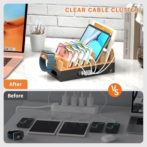 All In One Family Dock Station, Wooden Bamboo Charge Stand-Natural+Black — view 6
