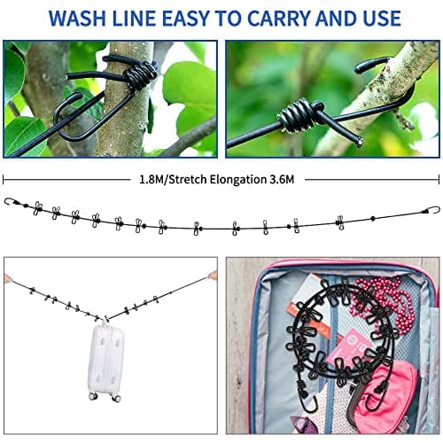 lohey Retractable Washing Line, Portable Clothes Lines for Outside, Travel Washing Line Rope with 12 Clips for Travel Camping Accessories — view 3