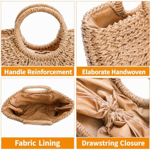 Pumtus Women Straw Bag, Large Hand-woven Summer Beach Handbag, Handmade Straw Tote Bag, Casual Top-handle Rattan Woven Semi-circle Clutch Bag for Women, Travel, Vacation — view 5