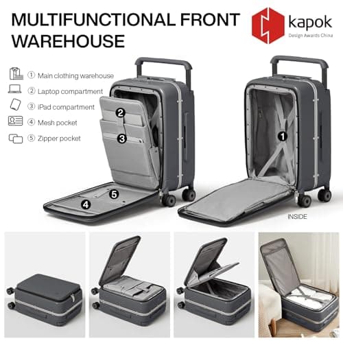 mixi Checked Luggage Wide Handle Suitcase,Front Opening PC Hard Shell Travel Case with Aluminium Frame,Quiet Spinner Wheels,Laptop Compartment,TSA Lock,with Cover,20 inch Rock Grey — view 4