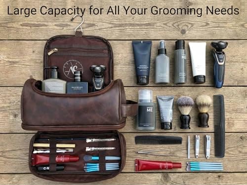 CGFN Personalised Gifts for Men,Personalised Large PU Leather Wash Bag Men with Initial Waterproof Hanging Toiletry Bag Travel Xmas Birthday Presents (T, Dark Brown) — view 5