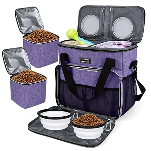 BAGLHER Dog Travel Bag, Pet Travel Bag (ALL Pet Travel Supplies), With 2 Pet Food Containers and 2 Collapsible Silicone Bowls; Essential Kits for Pet Travel Purple