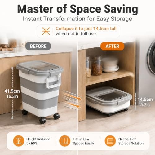 SANNAX Collapsible Pet Food Storage Container 22-24 lbs, Airtight Foldable Dog Cat Dry Food Bin with Detachable Wheels, Handle, Scoop & 1000ml Jar, Space Saving Kitchen Organiser – Grey White — view 2