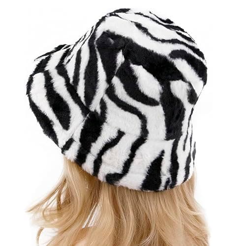 JIAHG Women Winter Warm Bucket Hat Furry Faux Fur Wide Brim Bucket Hats Soft Plush Thick Hats Outdoor Windproof Fuzzy Cap for Spring Casual Travel (UK, Alpha, One Size, Stripe) — view 5
