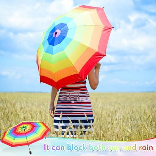 Cunno 12 Pc Rainbow Umbrella Portable Tri Folded Pride Umbrella Windproof Compact Rain Parasol for Travel Beach Wedding Party (Vibrant) — view 2
