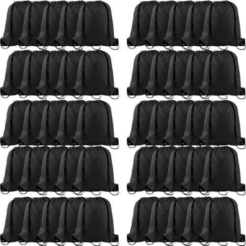 120 Pack Drawstring Bags Bulk, Black Polyester Gym Bag, Cinch Sack Backpack