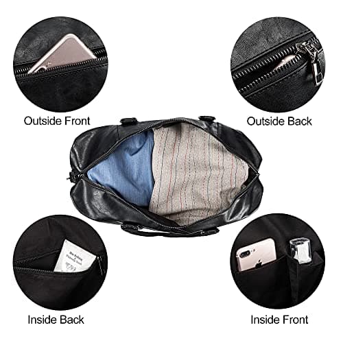 Travel Bag with Shoe Pouch,Weekender Overnight Bag Waterproof PU Leather Large Carry On Bag Travel Tote Duffel Bag for Men or Women,Black — view 3