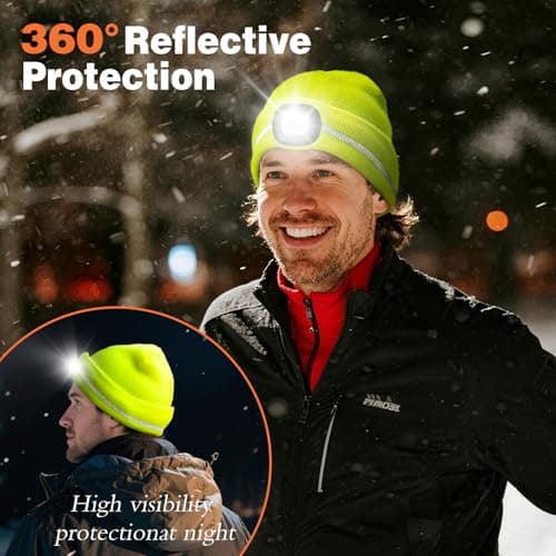 Wmcaps Fleece Lined LED Beanie for Men, Reflective Mens Beanie Hat, Type-C Rechargeable Headlamp with 4 LED Lights, High-Visibility Safety Hat with Torch, Warm for Dad (Bright Orange) — view 5