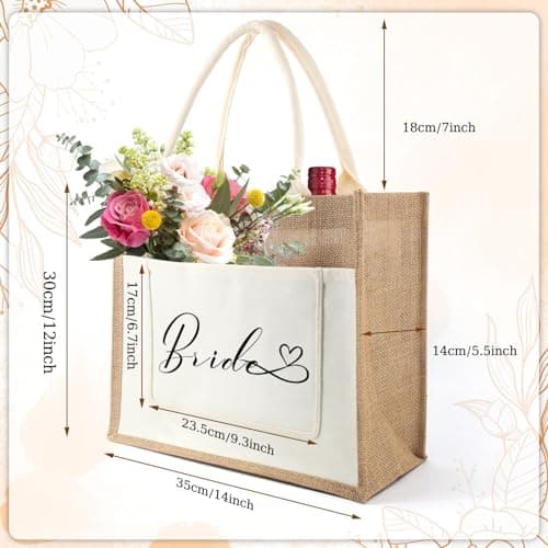 Bride Jute Tote Bag, Bridal Shower Wedding Bachelorette Bride Gifts Shoulder Bag, Reusable Shopping Bags for Wedding Day Engagement Proposal Hen Party Suitable for Travel Picnic Beach Holiday — view 5