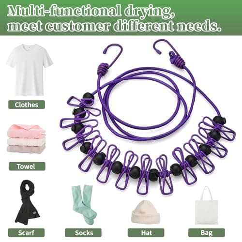 BODFPPC Travel Washing Line with 12 Clips, Portable Windproof Retractable Clothes Line Stretchy Elastic for Indoor Laundry Drying Clothesline,Outdoor Camping Accessories (Purple) — view 2