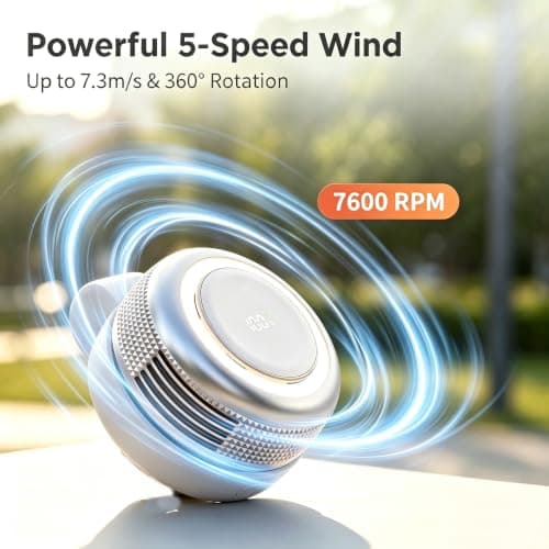 Portable Clip-On Fan with LED Light,Ultralight Mini Fan,5 Speeds Silent Bladeless Neck Fan,360° Rotatable Collar Waist Fans,USB Rechargeable,Hands Free,Power Display,for Outdoor,Travel,Summer,White — view 3