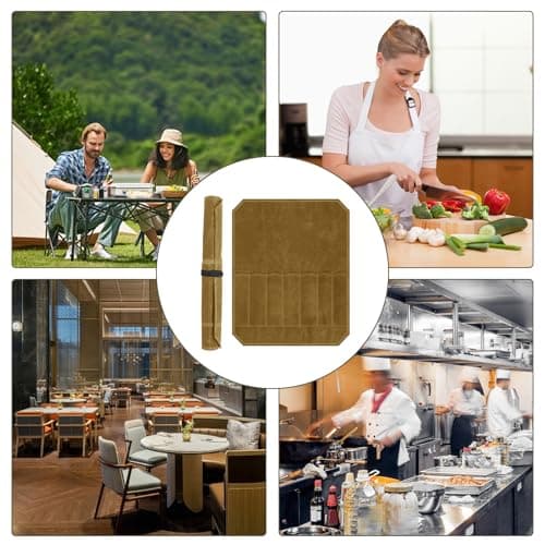 Megcdtr Knife Roll Bag, Knife Roll for Chefs, 7 Slots Waxed Canvas Knife Bags, Portable Tool Storage Bag with Drawstring, Suitable for Home Kitchens Camping Hiking and As a Gift for Chefs (Khaki) — view 5