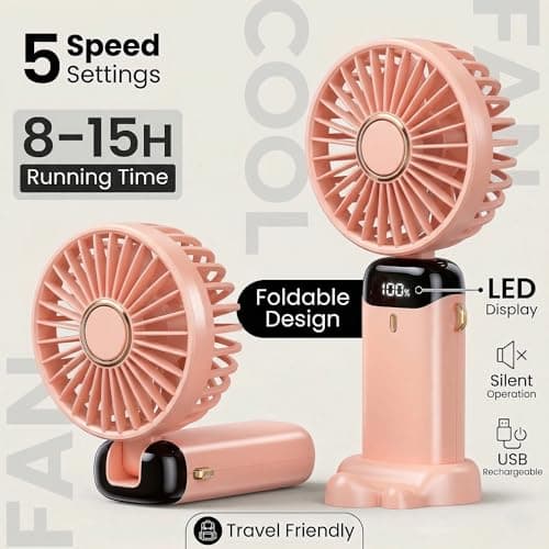 HomlyPro Handheld Fan, 5000mAh Battery-Operated Portable Fan with LED Display, 5 Speeds Strong Airflow & 90° Foldable Design, Small Desk Fans for Home Office Outdoor Travel Essentials (Pink) — view 3