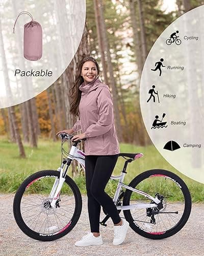 33,000ft Women's Lightweight Rain Jackets Hooded Breathable Packable Running Raincoats Active Trench Windbreaker with Hideaway Hood for Cycling Hiking (Dried Rose-L/UK 14) — view 4