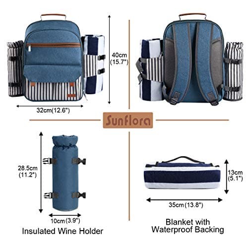 Sunflora 4 Person Insulated Picnic Backpack Rucksack with Blanket & Waterproof Pouch for Camping Picnic Hiking and BBQ (Blue & Stripe) — view 3