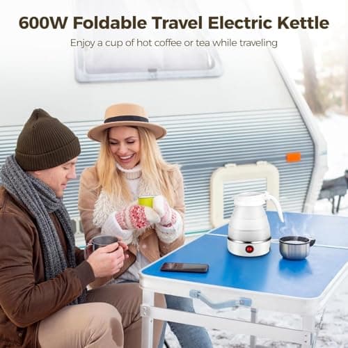 Foldable Electric Travel Kettle,600ml Portable Kettle Silicone Collapsible Heating Water Boiler Tea Pot for Camping,Easy for Storage with Separable Power Cord (White) — view 3