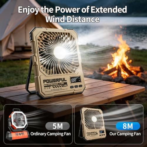 yAyusi 20000mAh Rechargeable Camping Fan, Ultra-Slim 8" Battery Powered Portable Travel Fan with Light&Remote, Maximum Battery Life of 82 Hours, Hook for Tent, Outdoor Home (Khaki) — view 3