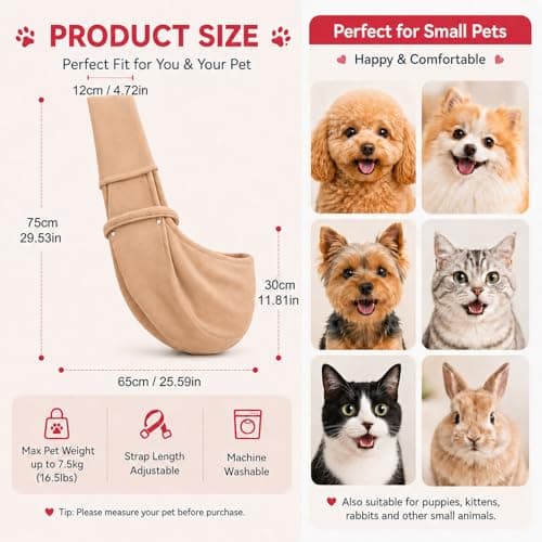Beige Dog Sling Carrier for Small Pets up to 7.5kg - Adjustable Hands-Free Shoulder Bag with Ergonomic Strap, Secure Clip, Front Zipper Pocket for Comfortable Travel, Outdoor Walks — view 5