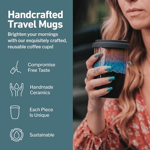 NOVA CERAMICS Travel Mug - Ceramic Travel Mug with Lid – Travel Coffee Mug Unique to Go Cup – Microwave & Dishwasher Safe Coffee Tumbler - Gifts for Women Men Him Her – 355ml - Monsoon — view 2