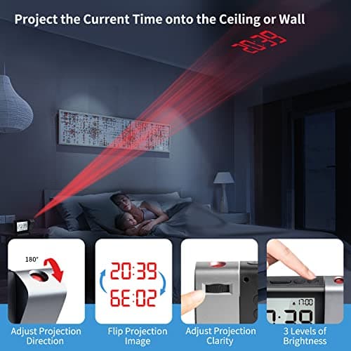 Projection Alarm Clock for Bedroom with 180° Projector, Large LCD Display — view 3