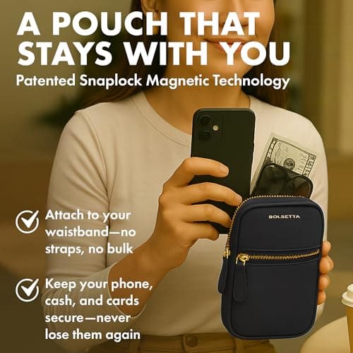 Bolsetta Magnetic Hip Pouch - RFID Blocking Pouch and Key Fob Protector - Zippered Pocket, Magnetic Snaplock Attachment - Lightweight Travel Wallet, Hip Bag for Concerts and Daily Errands - Black — view 4