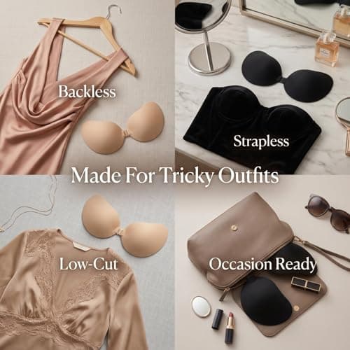 GEEKPC 4 Pcs Strapless Push Up Adhesive Bra with Front Clasp, 3D Cups, Reusable Silicone Invisible Bras for Backless Dresses, Weddings, Parties & Travel (2 Black D + 2 Nude D) — view 3