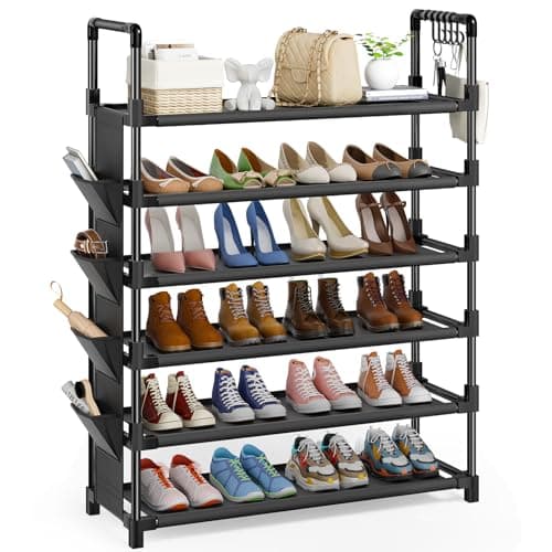 Mavivegue 6 Tier Metal Shoe Rack with 5 Hooks & 4 Side pockets
